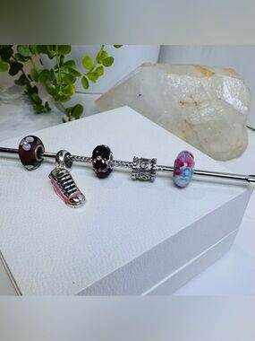 Set of 5 Charms. Pink Purple and Silver Theme, Rhinestone, Floral, Dangle